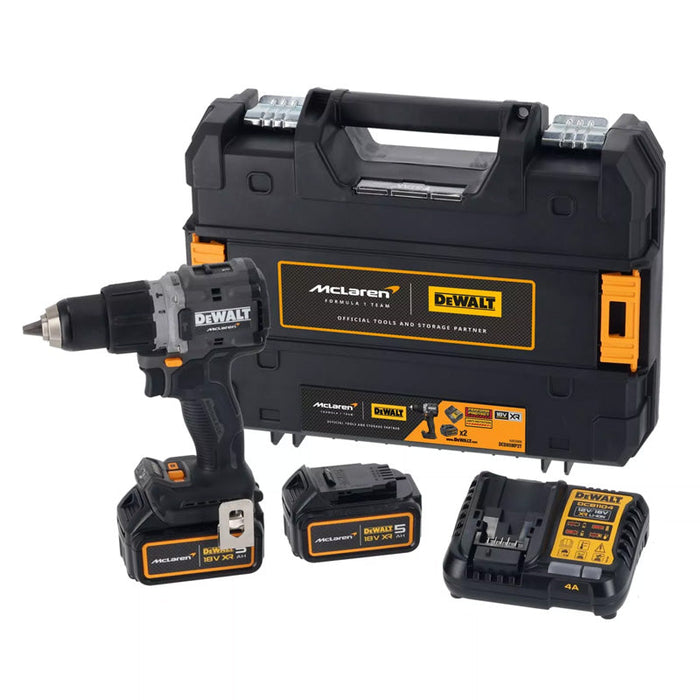 Trapano avvitatore a percussione XR 18V brushless Dewalt DCD85MP2T-QW edizione limitata McLaren, con 2 batterie 5 Ah Li-Ion e 1 caricabatterie in valigetta TSTAK