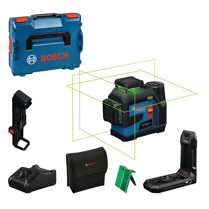 Laser a linee BOSCH GLL 12V-100-33 CG + morsetto DK 20 + batteria GBA 12V 2.0Ah in L-Boxx