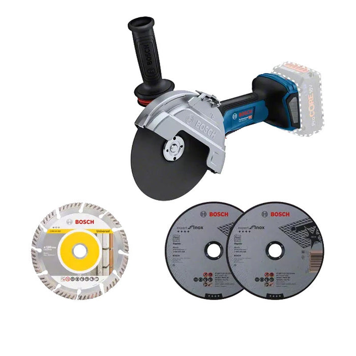 Smerigliatrice 180mm 18V Biturbo BOSCH GWS 18V-180 P solo L-Boxx + 1 disco diamantato e 2 dischi inox