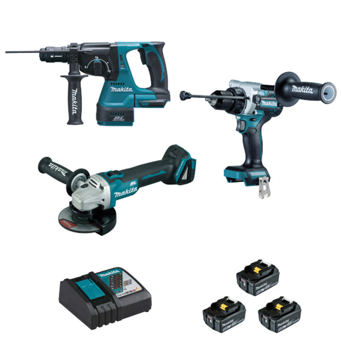 Kit 3 utensili MAKITA DLX3157TJ (DDF486+DHR243+DGA506+BL1850×3+DC18RC+MAK2&4)