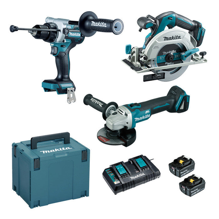 Set di 3 macchine 18 V Li-Ion MAKITA DLX3178PTJ 5 Ah (DHP486+DGA506+DHS680)