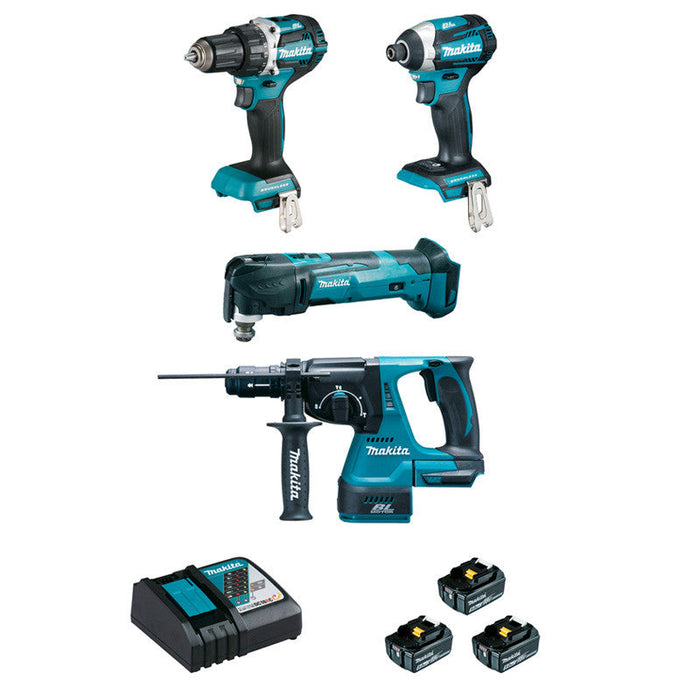 Set di 4 macchine 18V Li-Ion MAKITA DLX4109TJ 5 Ah (DDF484 + DTD154 + DHR243 + DTM51)
