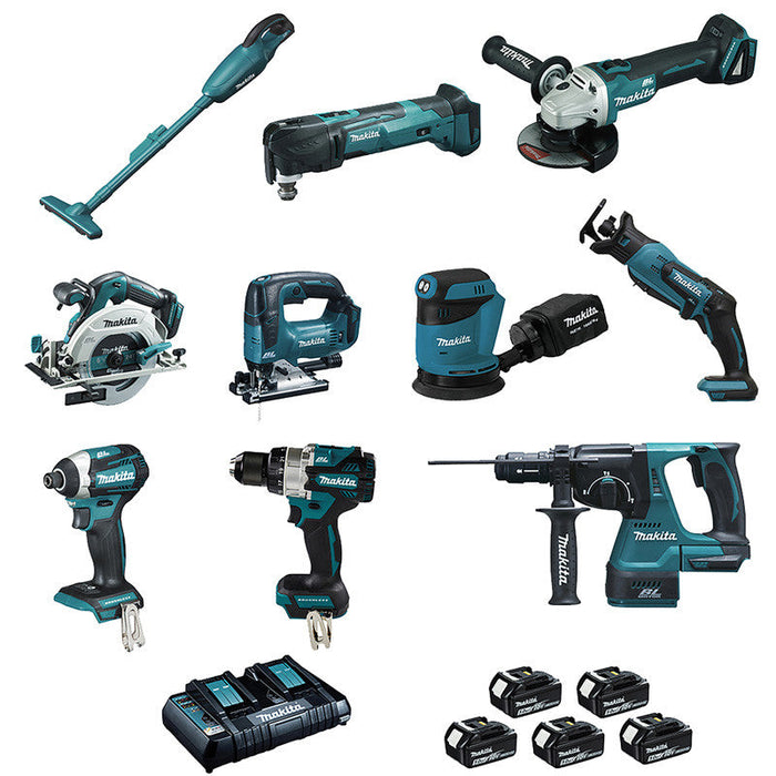 Kit 10 utensili MAKITA LOT0309 18V 5 x 5,0 Ah (DCL180 - DHP486 - DTD154 - DGA506 - DHS680 - DHR243 - DTM51 - DJR183 - DJV182 - DBO180)