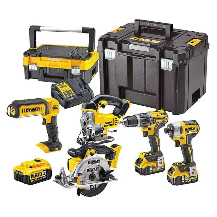Kit 5 macchine DEWALT DCK551P3T: trapano (DCD796), avvitatore a impulsi (DCF887), seghetto alternativo (DCS331), sega circolare (DCS391) e lampada LED (DCL050), con valigetta e 3 batterie 5,0 Ah 18V