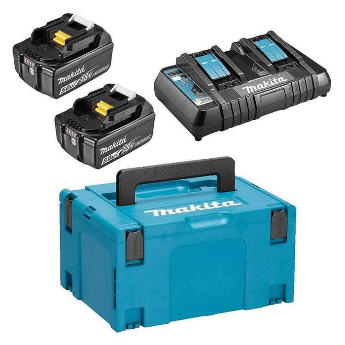 Pacco energia MAKITA 197629-2 18V Li-Ion (2 batterie 5,0 Ah + 1 caricabatterie doppio) con valigetta MAKPAC